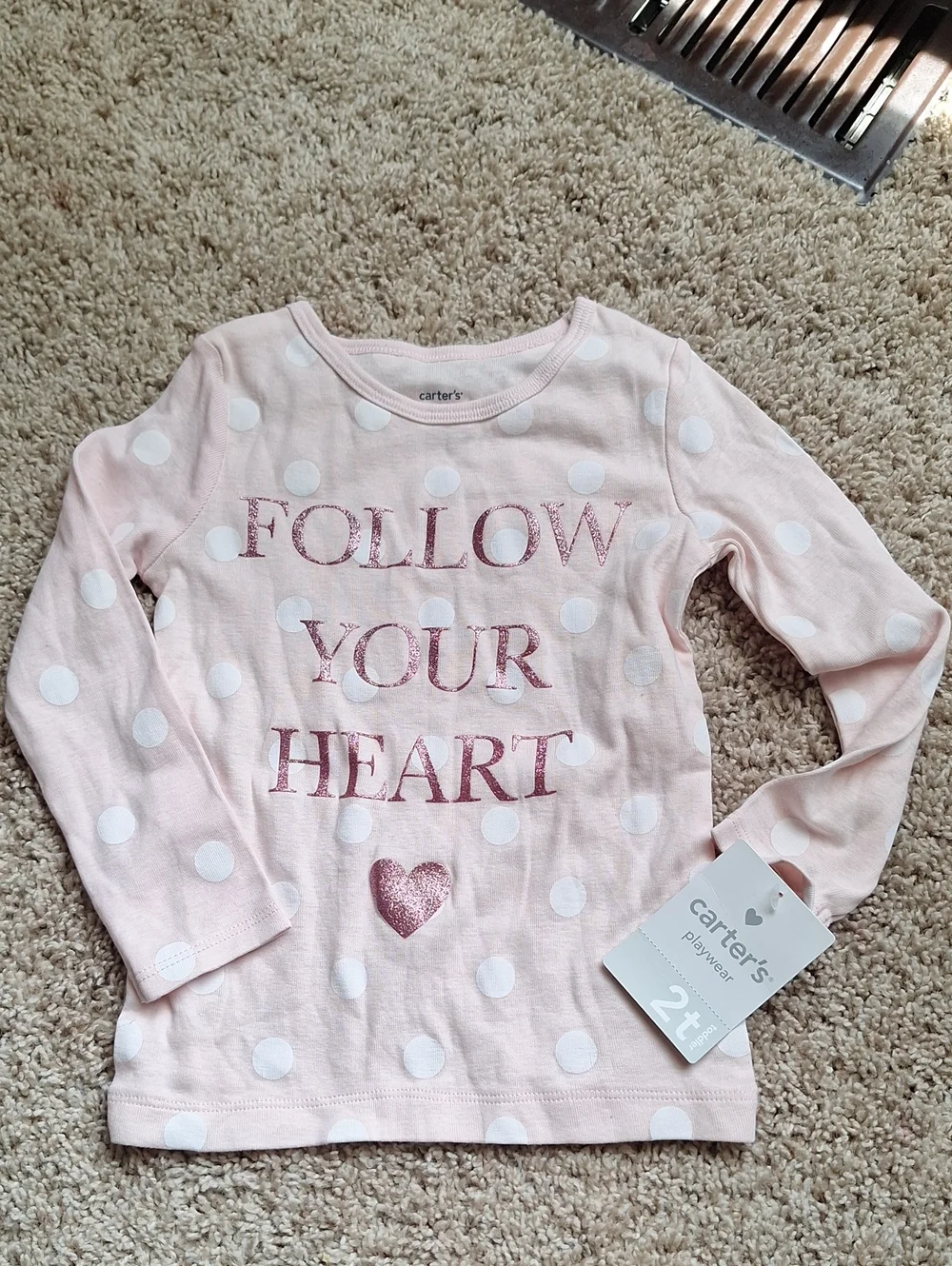 Carter's Light Pink Polka Dot Long Sleeve Tee with Glitter Heart